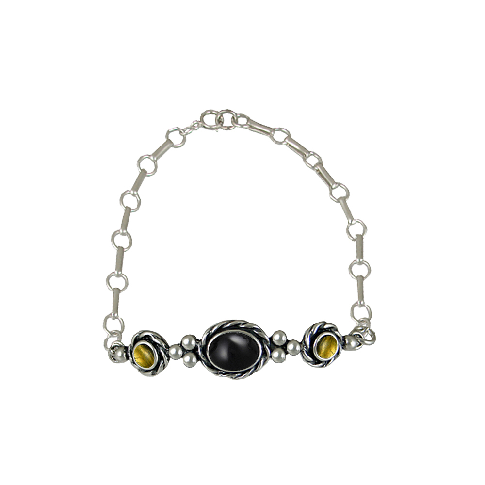 Sterling Silver Gemstone Adjustable Chain Bracelet With Black Onyx And Citrine